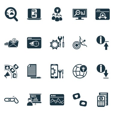 Analitik simgeler kopyalama, SEO izleme, hedef alma ve diğer hedef unsurlara göre ayarlandı. İzole vektör illüstrasyon analiz simgeleri.