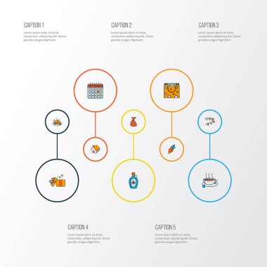 Festival ikonları akçaağaç pekmezi, mısır, kağıt çelenk ve çeşitli elementlerle renklendirildi. İzole vektör illüstrasyon festivali simgeleri.