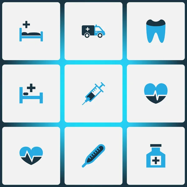 Цветной набор лекарственных икон с сердцебиением, лечением, шприцем и другими зубными элементами. Изолированные векторные иконки лекарств. — стоковый вектор