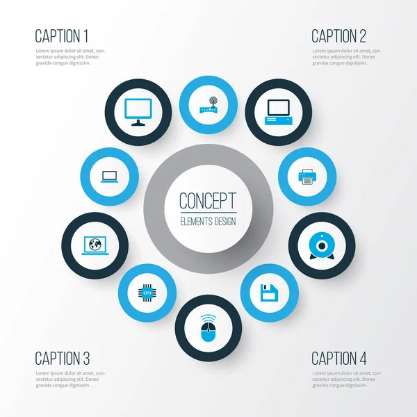 Bilgisayar simgeleri web kamerası, laptop, işlemci ve diğer kamera elemanlarıyla renklendirildi. İzole vektör illüstrasyon bilgisayar simgeleri.