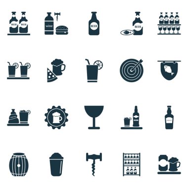 İçecek ikonları, cam, dart, bira şişesi ve diğer limonata elementleriyle ayarlandı. İzole edilmiş illüstrasyon içecek simgeleri.