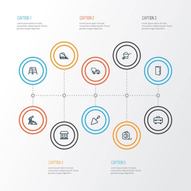 Taşıma arabası, traktör, giriş ve diğer beton karıştırıcı elementlerle endüstri simgeleri dizisi. İzole edilmiş illüstrasyon sektörü simgeleri.