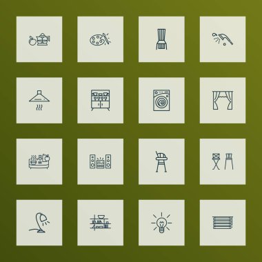 Dekor simgeleri dizisi, ampul, masa lambası, bar taburesi ve diğer külüstür elementlerle. İzole resimli dekor simgeleri.