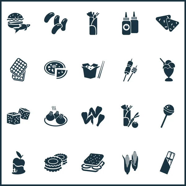 Conjunto de iconos de snacks con barra de chocolate, oreo cookie, dim sum y otros elementos de hamburguesa. Iconos de bocadillos de ilustración aislados. —  Fotos de Stock