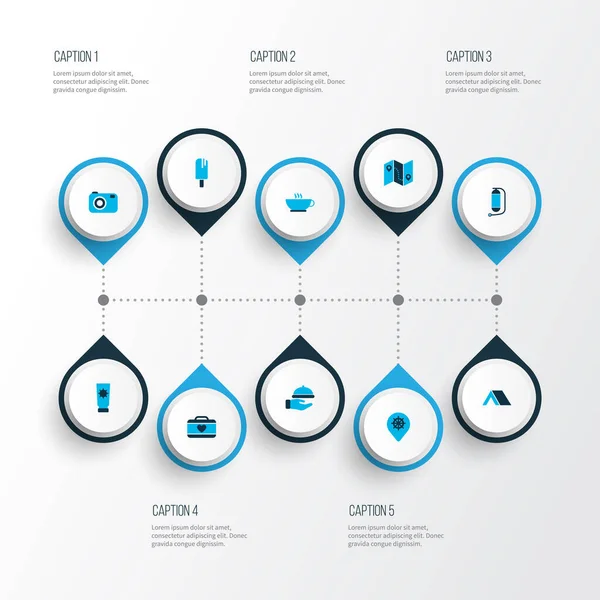 Tourism icons colored set with popsicle, oxygen cylinder, sunblock and other wheel marker elements. Isolated illustration tourism icons. — Stock Photo, Image