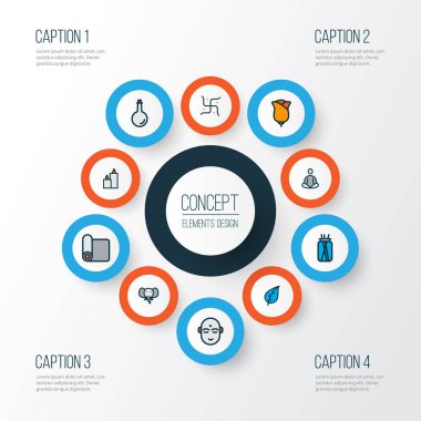 Meditasyon simgeleri meditasyon, Hindu insan, din ve diğer mum elementleriyle renklendirilmiş. İzole vektör illüstrasyon meditasyon simgeleri.