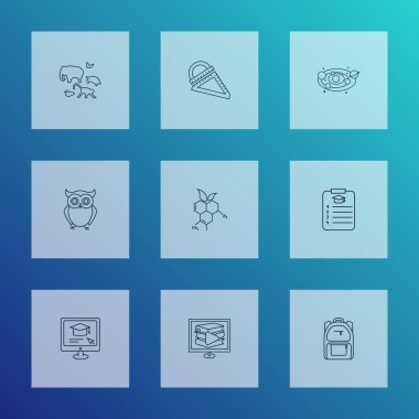 Okul simgeleri cetvel, zooloji, okul çantası ve diğer hayvan unsurlarıyla birlikte dizilmiş. İzole vektör illüstrasyon okulu simgeleri.