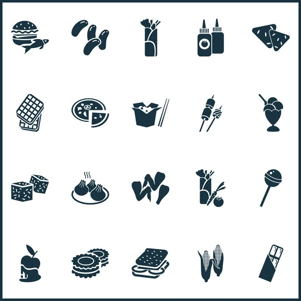 Пищевые иконки с шоколадным батончиком, орео печенье, дим сам и другие элементы гамбургера. Изолированные векторные иллюстрации. — стоковый вектор