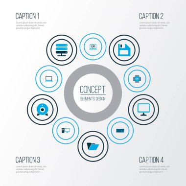 Dizin, monitör, disk ve diğer tuş takımları ile donanım simgeleri renklendirildi. İzole edilmiş illüstrasyon donanım simgeleri.