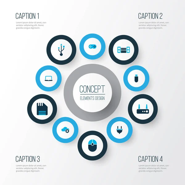 クラウド技術、ラップトップ、サウンドシステム、その他のノートブック要素でカラーセットされたガジェットのアイコン。絶縁イラストガジェットのアイコン. — ストック写真
