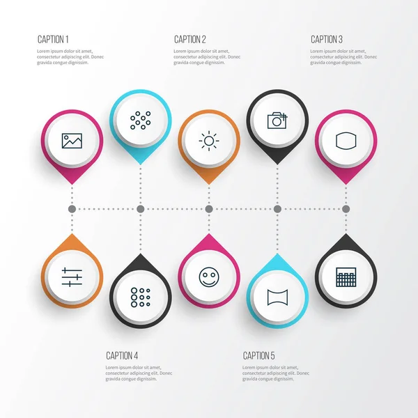 Picture icons line style set with setting, round, smile and other panorama elements. Isolated illustration picture icons. — Stockfoto