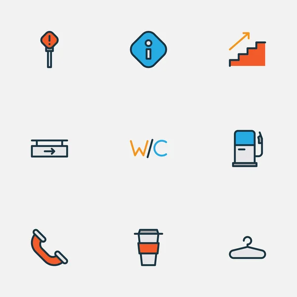 Public icons colored line set with info, coffee, signboard and other toilet elements. Isolated illustration public icons. — Φωτογραφία Αρχείου