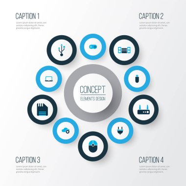 Elektronik simgeler bulut teknolojisi, dizüstü bilgisayar, ses sistemi ve diğer dizüstü bilgisayar elemanlarıyla renklendirildi. İzole vektör illüstrasyon elektronik simgeleri.