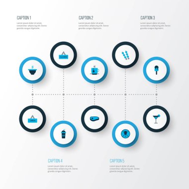 Kafe ikonları buzlu şeker, kokteyl, kebap ve diğer şiş elementlerle renklendirilmiş. İzole vektör illüstrasyon kafesi simgeleri.