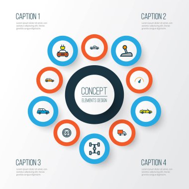 Tesla, direksiyon simidi, hız göstergesi ve diğer makine ögeleriyle otomatik simge çizgileri oluşturuldu. İzole vektör illüstrasyon otomatik simgeleri.