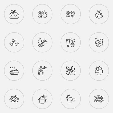 Meyveler, vejetaryen güzellik hizmetleri, vejetaryen yemeği ve diğer lahana unsurlarıyla vejetaryenlik çizgisi. İzole vektör illüstrasyon vejetaryenlik simgeleri.