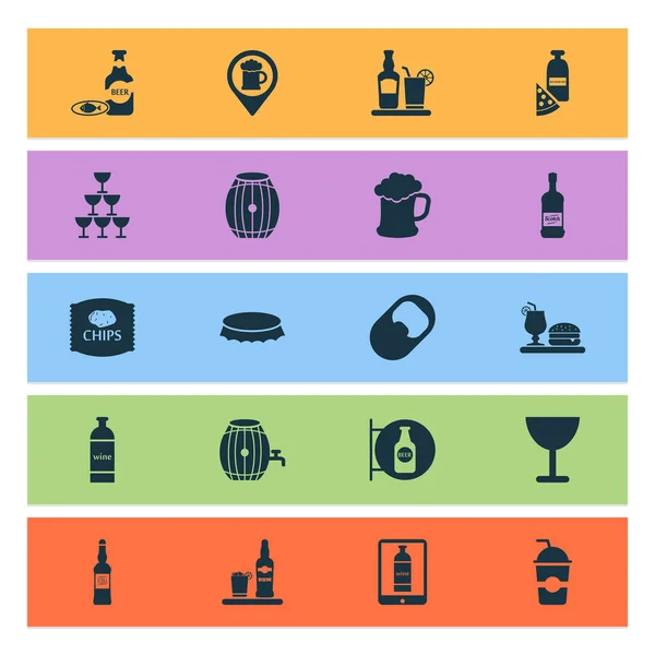 Conjunto de iconos de alcohol con tapón de botella, recipiente, whisky y otros elementos de cerveza. Iconos de alcohol de ilustración vectorial aislado. — Archivo Imágenes Vectoriales