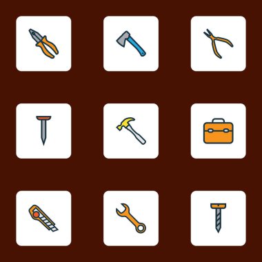Araç simgeleri baltayla, alet çantasıyla, tırnak kutusuyla ve diğer kesici elementlerle renklendirildi. İzole illüstrasyon araçları simgeleri.