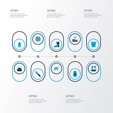 Tarla, kova, çeşme ve diğer kırsal elementlerle renklendirilmiş çiftlik simgeleri. İzole edilmiş illüstrasyon çiftlik simgeleri.