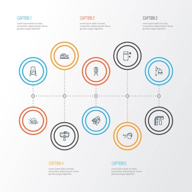Ev dekorasyonu simgeleri demiri, yer aynasını, büyük piyano flatiron elementlerini kullanarak dizilmiş. İzole edilmiş resimli ev dekorasyonu simgeleri.