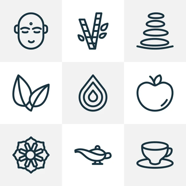 Iconos de meditación conjunto de estilo de línea con mandala, piedras de spa, deja elementos de vidrio de café. Iconos de meditación de ilustración aislada. — Foto de Stock