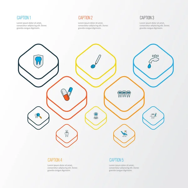 법랑질 아이콘은 치아 충전재, 기형학 도구, 치과 및 기타 진료소 요소로 구성된 선이다. 에나멜 과 관련된 독특 한 예. — 스톡 사진