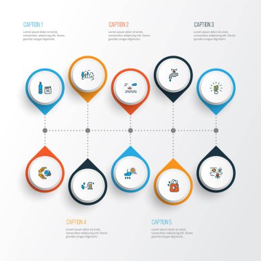 Ekoloji simgeleri eko çanta, ağaçlandırma, plastik şişeler ve diğer iklim elementleriyle birlikte ayarlandı. İzole vektör illüstrasyon ekoloji simgeleri.