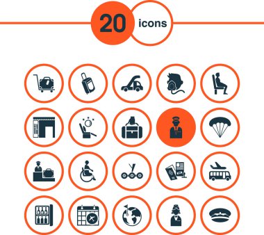 Havacılık simgeleri el bagajı, pilot, bayraklı dünya elementleriyle ayarlandı. İzole vektör illüstrasyon havacılık simgeleri.