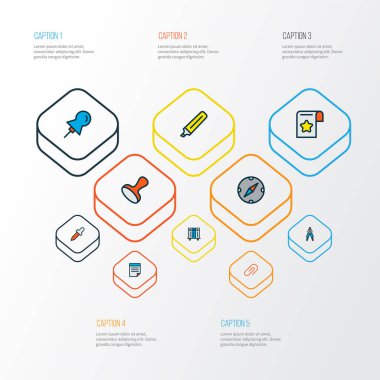 Enstrüman simgeleri işaretleyici, notlar, yer imi ve diğer favori elementlerle renklendirilmiş satır. İzole vektör illüstrasyon aracı simgeleri.