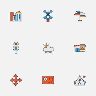 Urban icons colored line set with camping zone, map, building and other apartment elements. Isolated illustration urban icons.