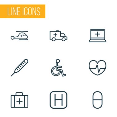 Antibiotic icons line style set with pills, handicapped man, polyclinic vitamin elements. Isolated illustration antibiotic icons.
