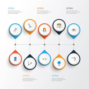 Barber icons colored line set with wig, mirror, razor blade and other straight sharp elements. Isolated illustration barber icons.