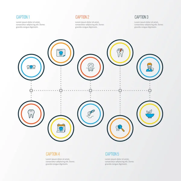 Tooth icons colored line set with teeth, healthy food, parodontosis and other calendar elements. Isolated illustration tooth icons. — Foto de Stock