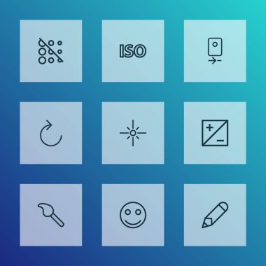 Görüntü simgeleri çizgisi, kamera arkası, bulanıklık, parlaklık ve diğer taze elementler. İzole resim simgeleri.