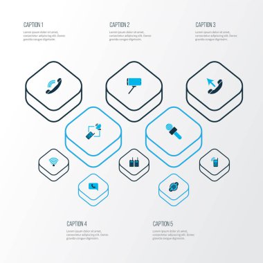 Telekomünikasyon simgeleri selfie çubuğu, 9 pin konnektörü, çalan telefon ve diğer iletişim elemanları ile renklendirilmiş. İzole edilmiş illüstrasyon telekomünikasyon simgeleri.
