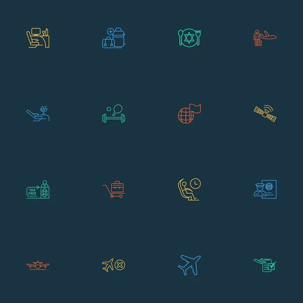 Iconos de transporte conjunto de estilo de línea con fecha de vuelo, control de pasaportes, clase ejecutiva y otros elementos organizadores. Iconos de transporte de ilustración aislada. — Foto de Stock