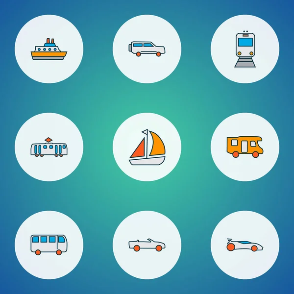 Transit icons colored line set with bus, train, campervan and other tramway elements. Isolated illustration transit icons. — 스톡 사진