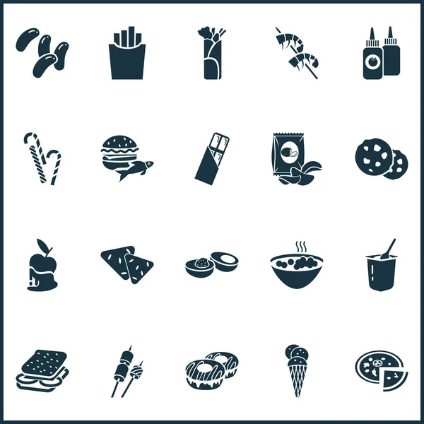 Gourmet icons set with chocolate cookie, chips, caramelized apple and other roasting elements. Isolated vector illustration gourmet icons. — Stock Vector