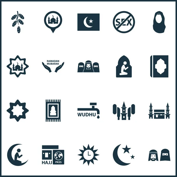 Náboženské ikony zasazené s lidmi, modlitba, azan a další hejaz prvky. Izolované vektorové ilustrace náboženské ikony. — Stockový vektor
