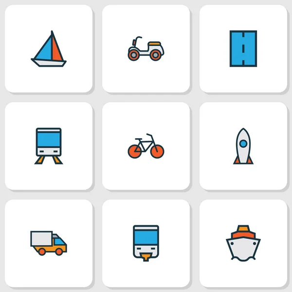 Liefersymbole farbige Linienset mit Segelboot, Moped, Fahrrad und anderen Raumschiffelementen. Isolierte Illustrationssymbole. — Stockfoto