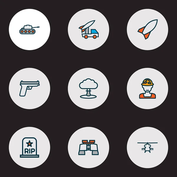 Iconos de combate línea de color conjunto con pistola, helicóptero militar, soldado y otros elementos militares. Iconos de combate de ilustración aislada. —  Fotos de Stock