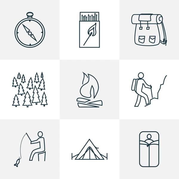 Iconos de camping conjunto de estilo de línea con la pesca, bosque, excursionista y otros elementos partidos. Iconos de camping de ilustración aislada. —  Fotos de Stock