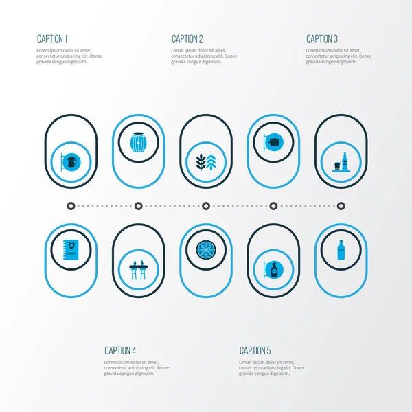 Alkohol ikonok színes készlet burger menü, bár számláló, jég rum és egyéb sör jel elemeket. Izolált illusztráció alkoholos ikonok. — Stock Fotó