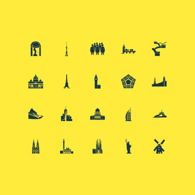 Turizm simgeleri Alcatraz, Piazza del Campo, Big Ben ve diğer İtalyan şehir unsurlarıyla kurulmuştur. İzole vektör illüstrasyon turizm simgeleri.