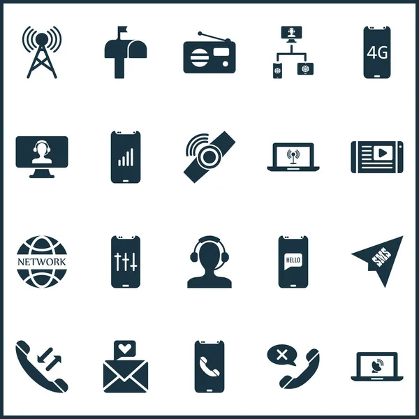 Ícones de comunicação configurados com smartphone 4g, torre de comunicação, chamada de volta e outros elementos assistentes. Ícones de comunicação ilustração isolada. — Fotografia de Stock