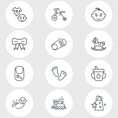 Vector illustration of 12 child icons line style. Editable set of gift bags, bodysuit, baby boy and other icon elements.