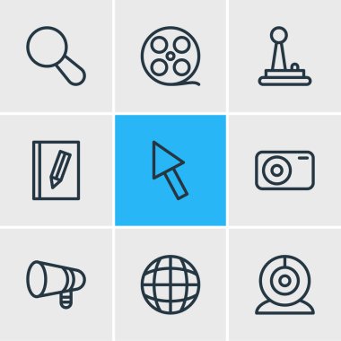 Vector illustration of 9 music icons line style. Editable set of joystick, camera, globe and other icon elements.