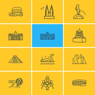 Vector illustration of 12 culture icons line style. Editable set of summer place in beijing, atomium, the grand canyon icon elements.