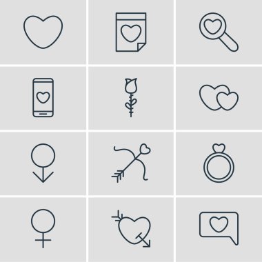 Vector illustration of 12 passion icons line style. Editable set of man, flower, chat and other icon elements.