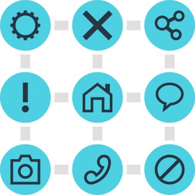 Vector illustration of 9 user icons. Editable set of homepage, share, warning and other icon elements.